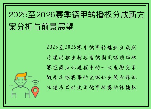 2025至2026赛季德甲转播权分成新方案分析与前景展望